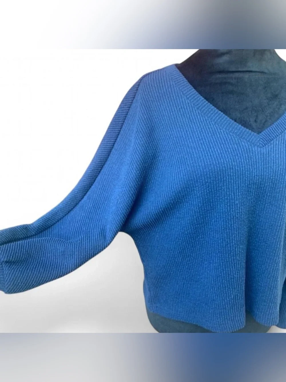 Preppy Slouchy Cozy Dark Blue Ribbed V-Neck Sweater with Dolman Sleeves